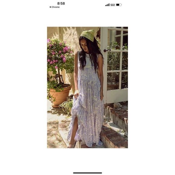 Free People Blue White Floral Tiers for You Maxi Dress Crochet Trim Boho Summer - Picture 4 of 16